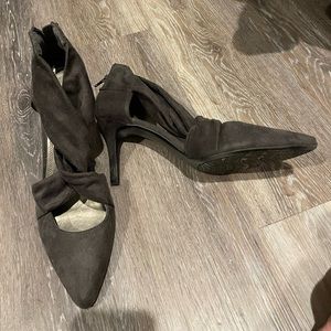 Size 11, grey suede, cross front strap heel - DSW (sole says MPQ brand)